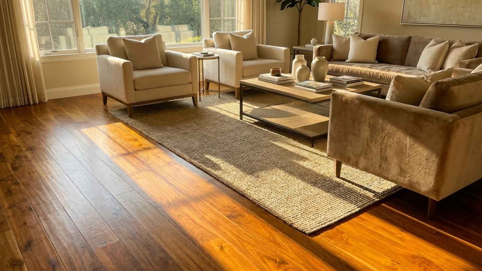 Sunlit living room with warm hardwood flooring, neutral furniture, rug, and stylish decor