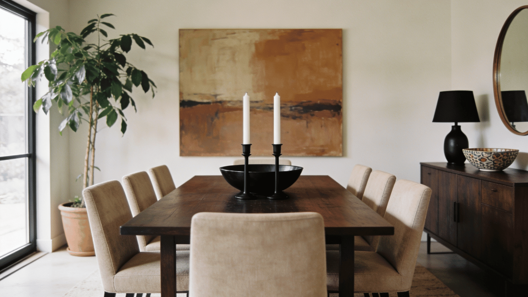 Hardwood table, metal chair frame and fabric chair in a clean indoor room.
