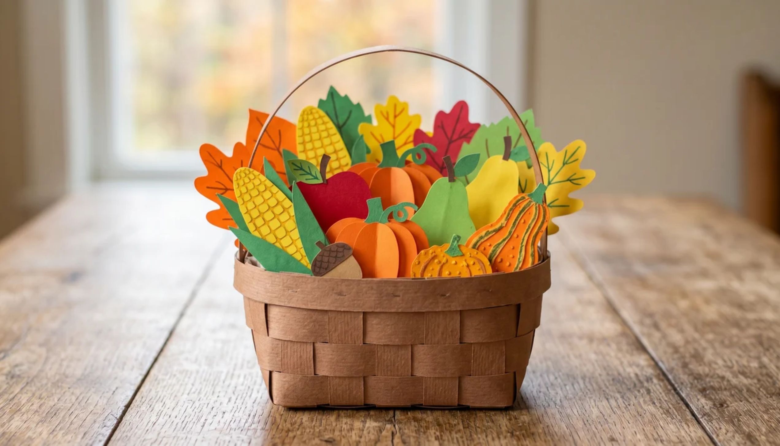 A woven paper basket filled with colorful paper pumpkins and corn, ideal for easy thanksgiving crafts.
