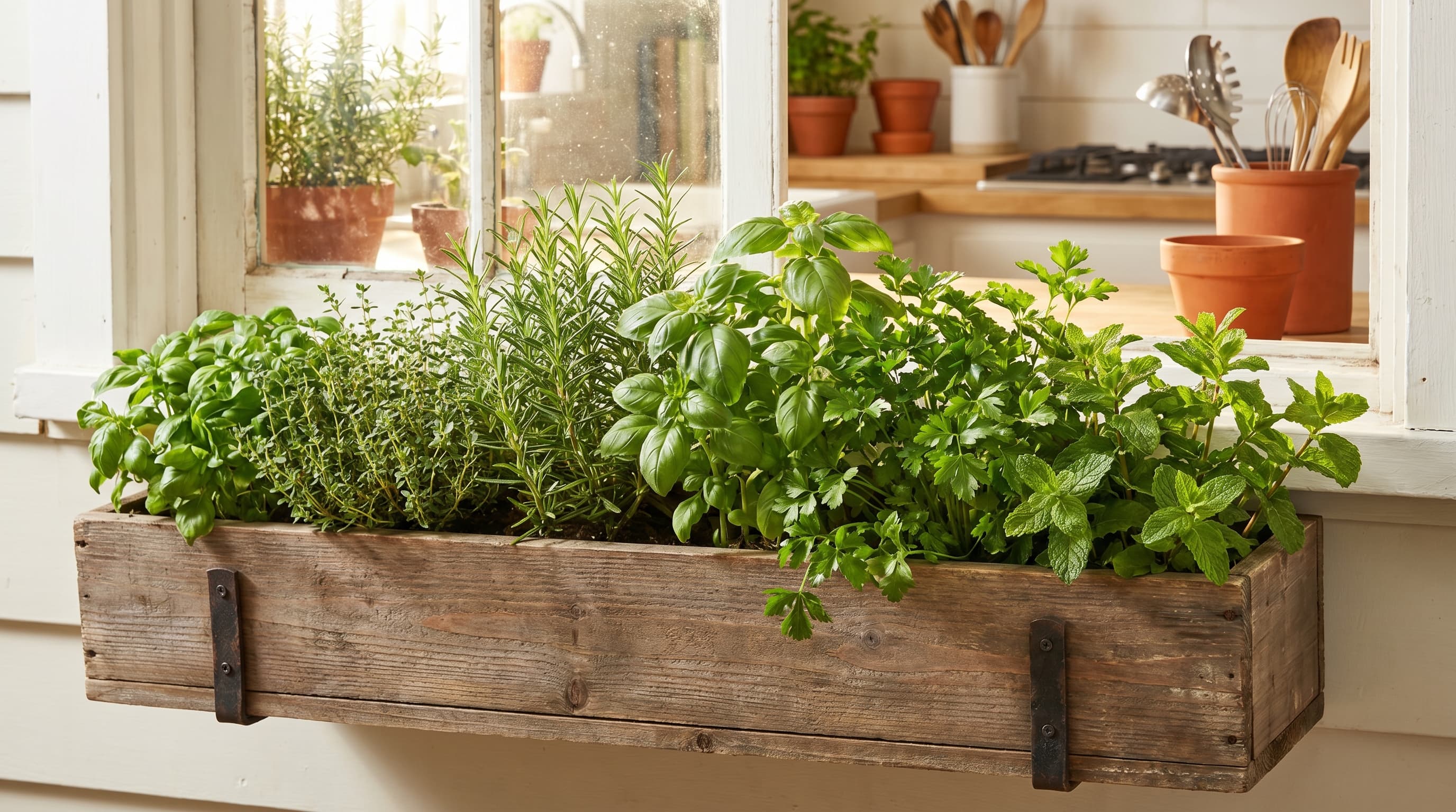 Herb garden window box with rosemary, basil, thyme, and small edible flowers.