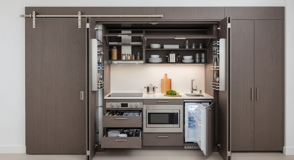 A hidden one-wall kitchen built into grey cabinets with bifold doors open, revealing a compact setup.