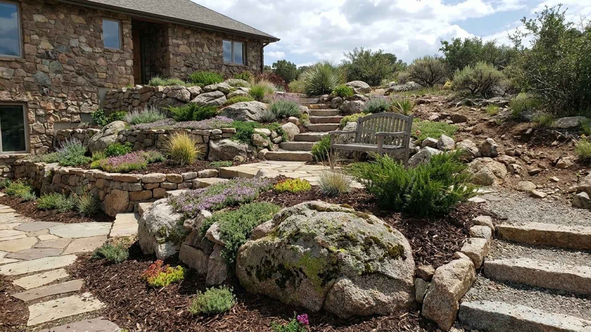 Hillside rock garden with stone steps, layered beds, shrubs, and boulders around a home.