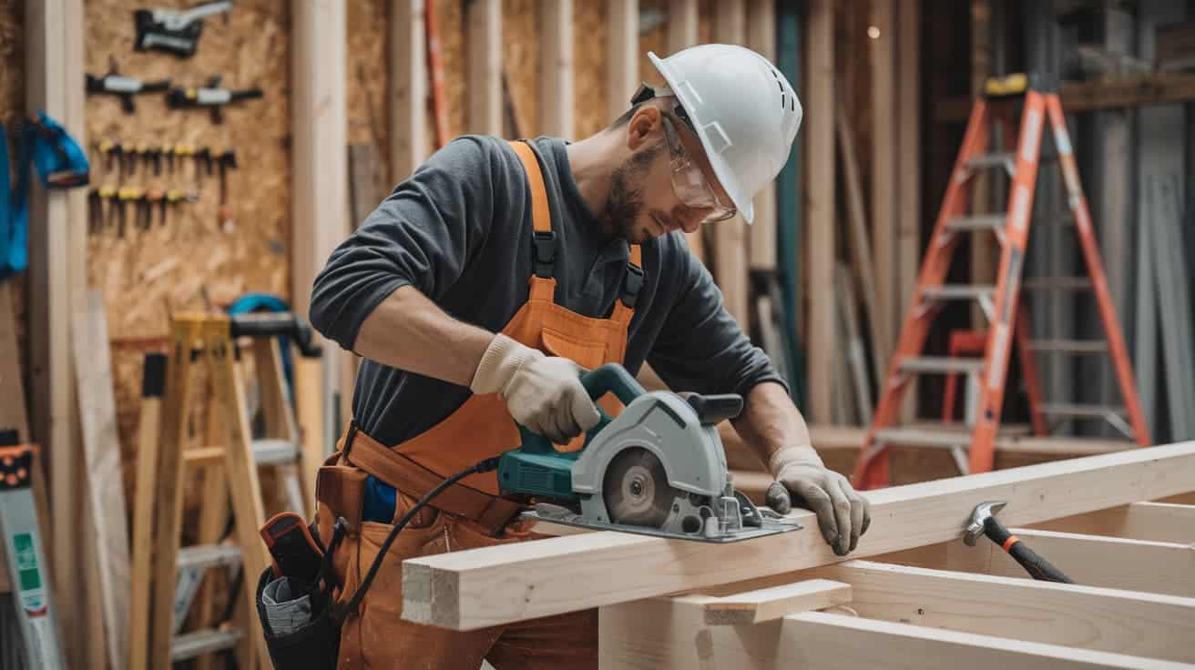 A contractor in a hard hat and safety glasses uses a circular saw to cut a wooden beam in a tool-filled workshop.