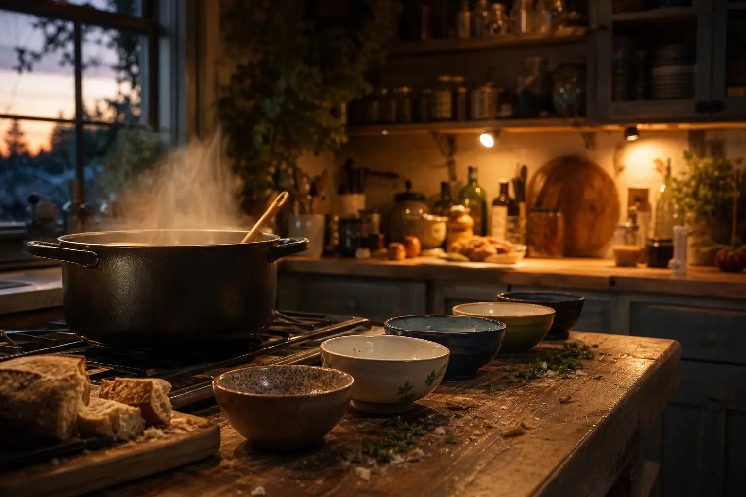 Steaming pot on stove with wooden spoon in rustic kitchen, bowls and bread on wooden counter
