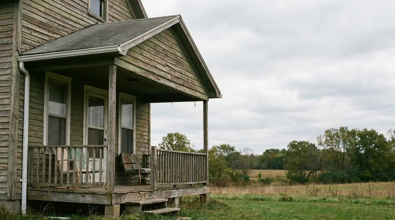 Weathered wooden porch of rural house with overcast sky and grassy field