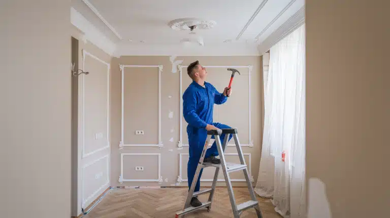 A man in blue overalls stands on a stepladder inside a room, holding a hammer up to a wall with elegant decorative molding.
