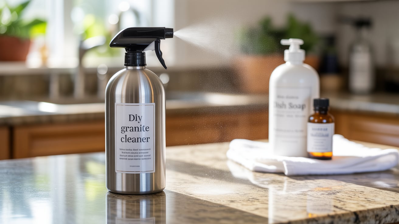 DIY granite cleaner spray bottle on a clean granite countertop with dish soap and cleaning supplies nearby.
