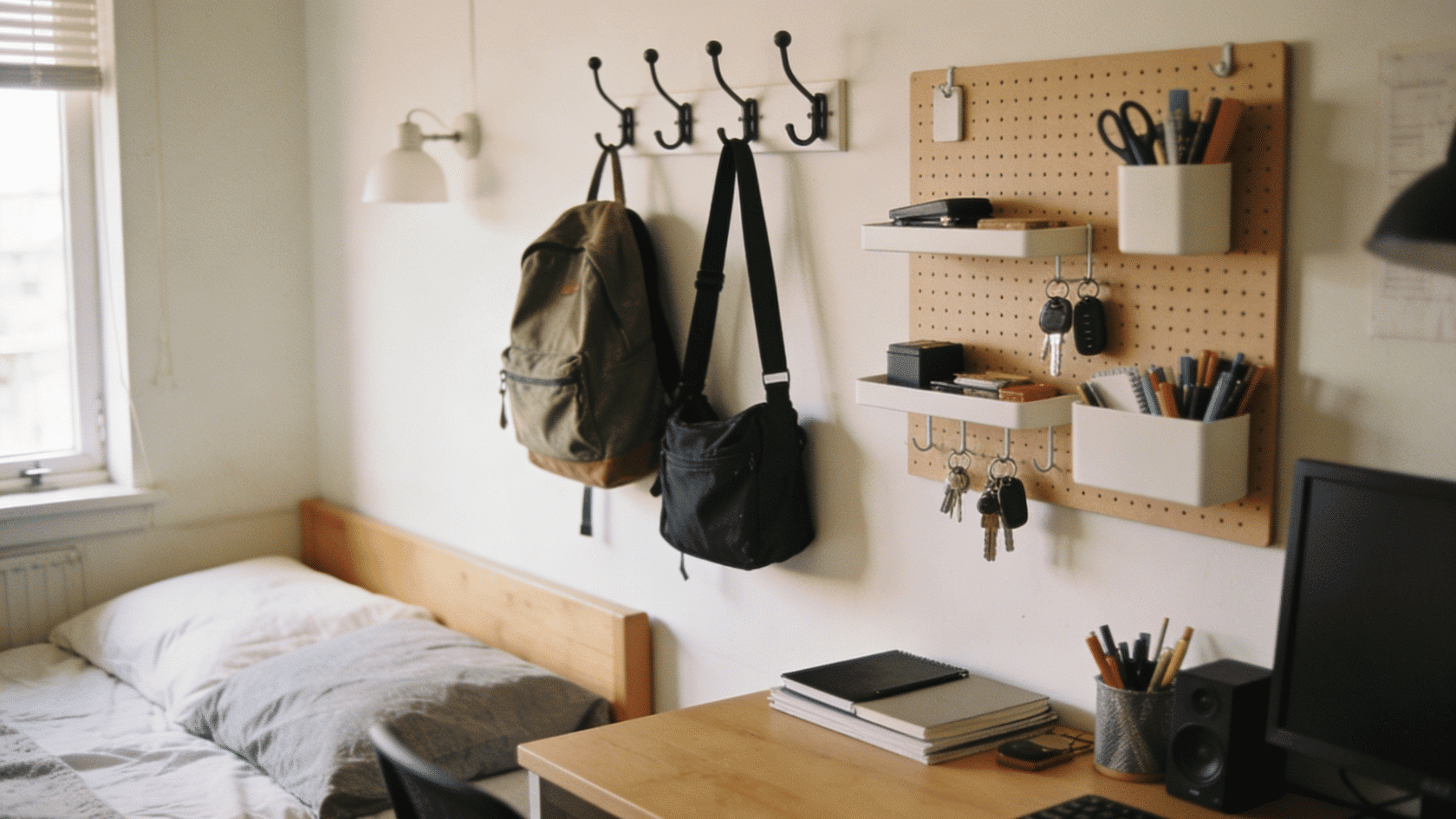 Hooks and pegboard with bags and keys above a desk.