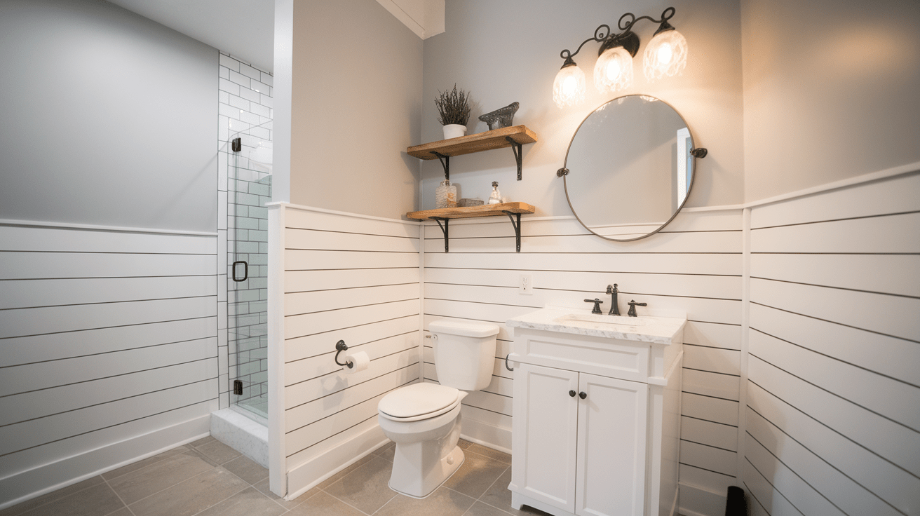 A farmhouse bathroom featuring white horizontal shiplap wainscoting, a round mirror, and a white vanity.