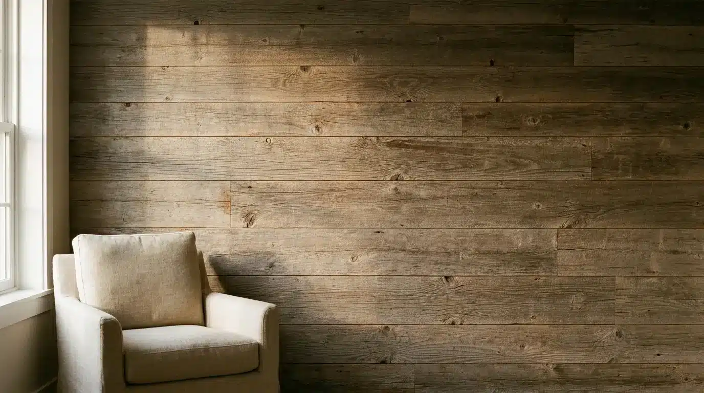 Beige armchair by large window against wooden plank wall in bright living room