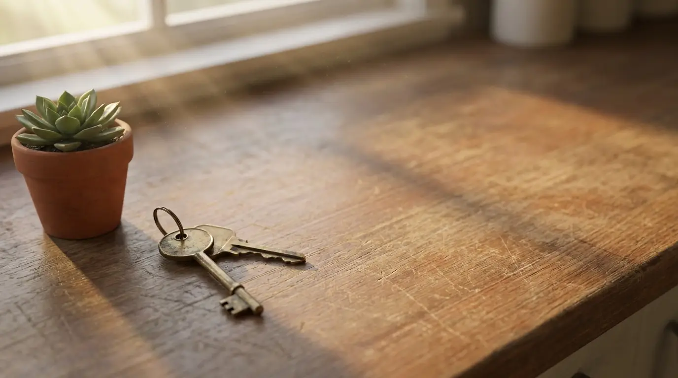Keys and small succulent on a sunlit wooden table near a window
