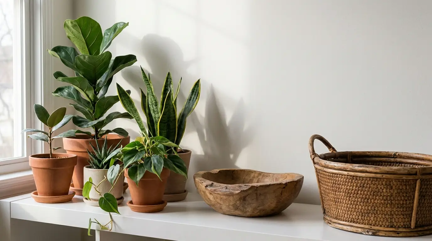 Potted indoor plants on white shelf with wooden bowl and wicker basket in natural light