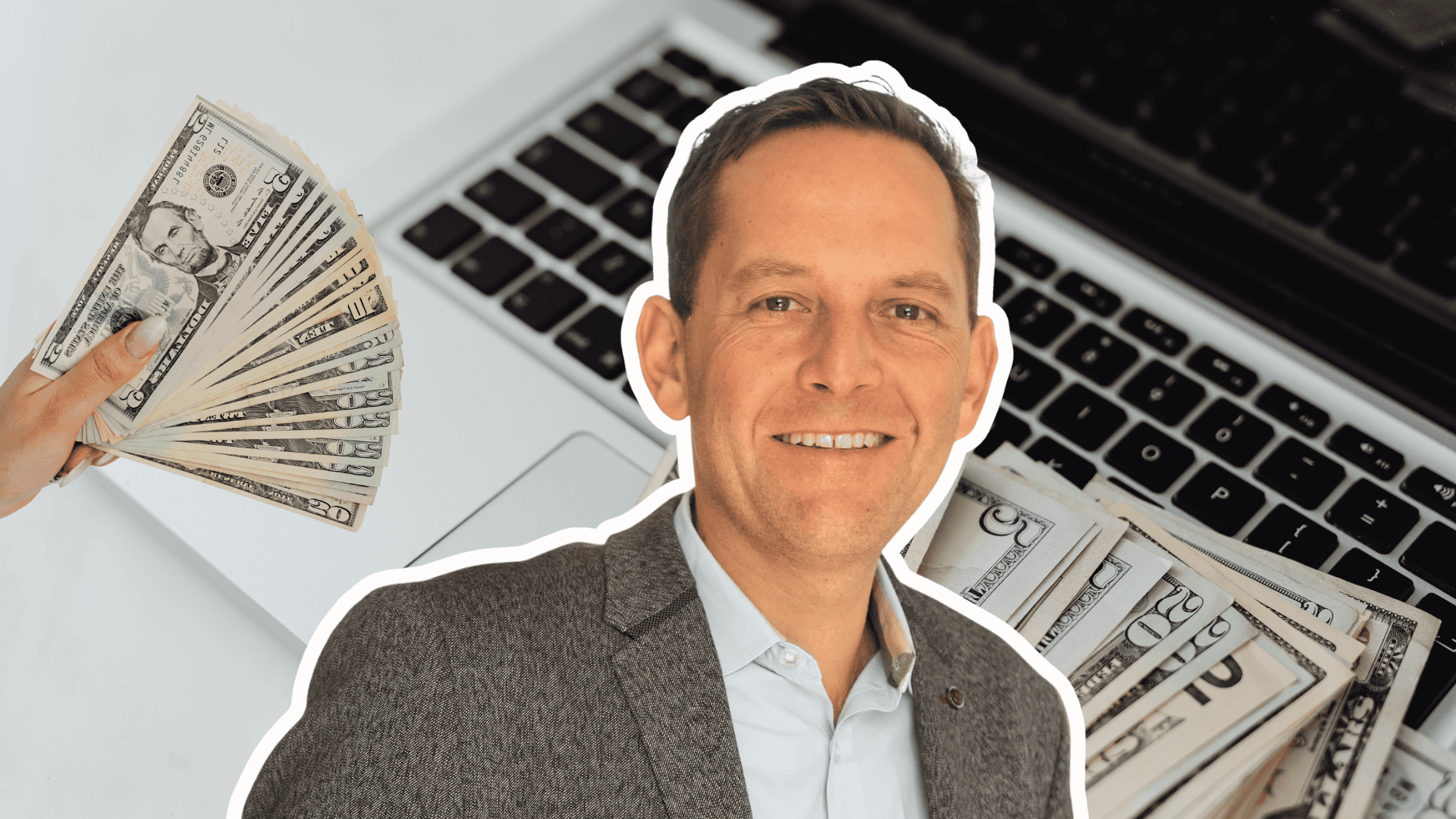 Headshot of David Friedberg over a background of a laptop keyboard and a hand holding a fan of US dollar bills.