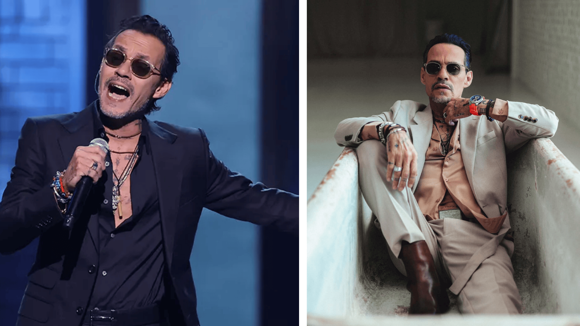 Side-by-side photos of Marc Anthony singing into a microphone on stage and posing in a light suit inside a concrete tub.