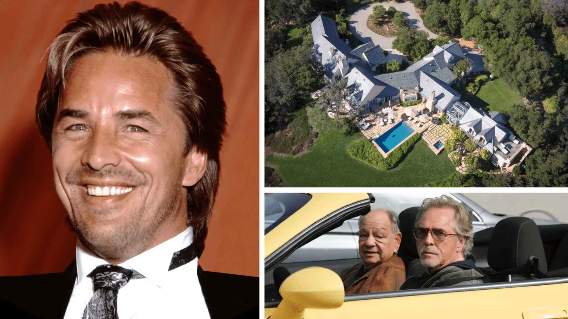 Collage showing actor Don Johnson smiling on the left, a luxury mansion from above, and a scene from a movie on the bottom right.
