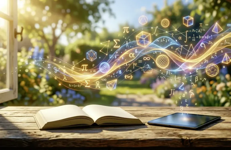 Open book and tablet on wooden table with mathematical symbols in sunny garden setting