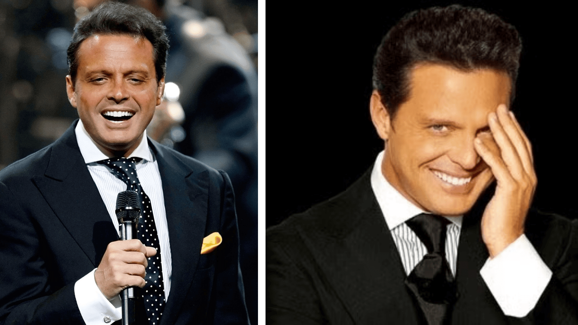 Side-by-side collage of singer Luis Miguel smiling in black suits and ties.