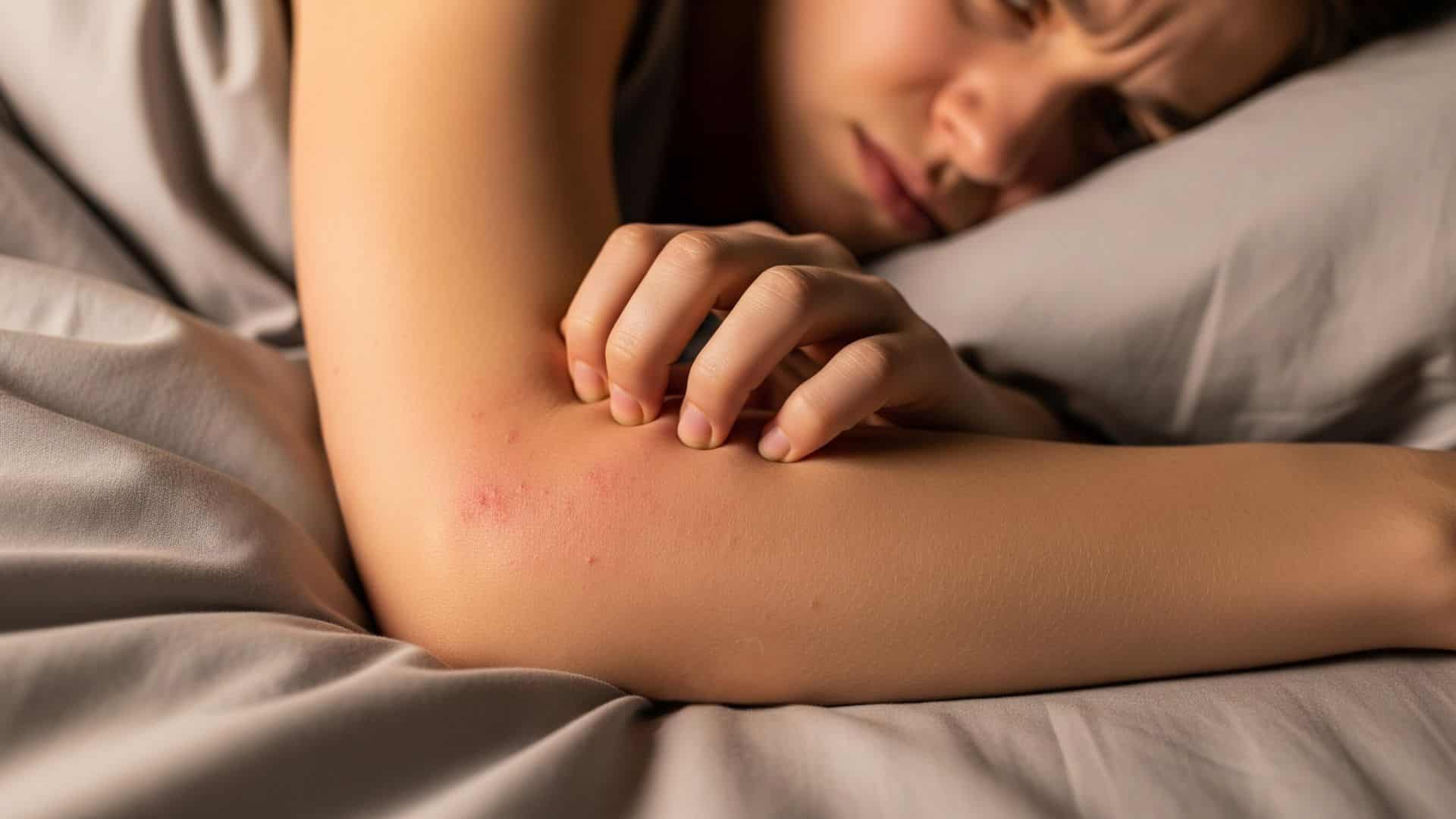 Close-up of a person scratching an itchy, red rash on their arm while lying in bed.
