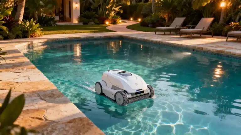 Robotic pool cleaner operating in an outdoor swimming pool at sunset with palm trees nearby