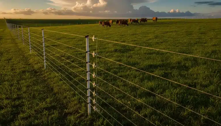 Cows grazing on lush green field with wire fence under cloudy sky in evening light