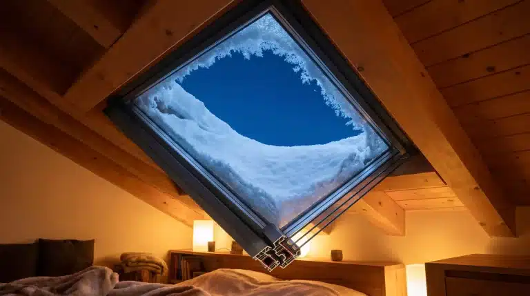 Snow-covered skylight in cozy attic bedroom with warm lighting and wooden ceiling beams