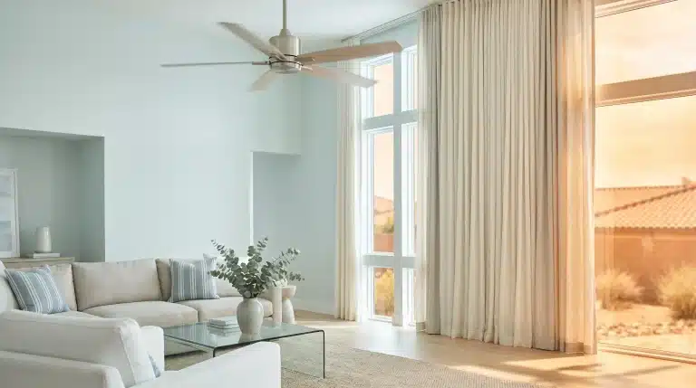 Modern living room with beige sofa, glass coffee table, and tall windows with sheer curtains