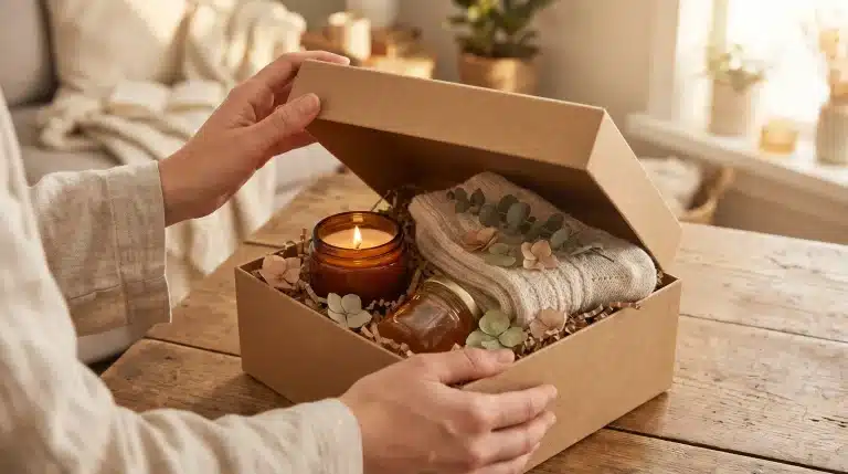 Hands opening gift box containing candle, knitted scarf, and eucalyptus leaves on rustic table
