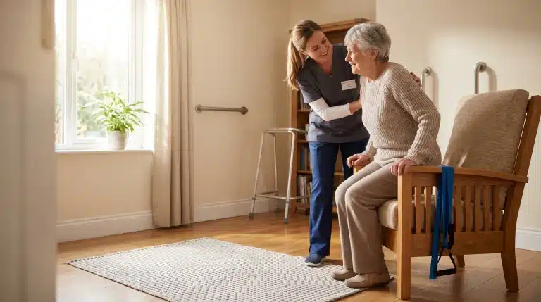 Caregiver assisting elderly woman in cozy room with wooden chair and warm lighting