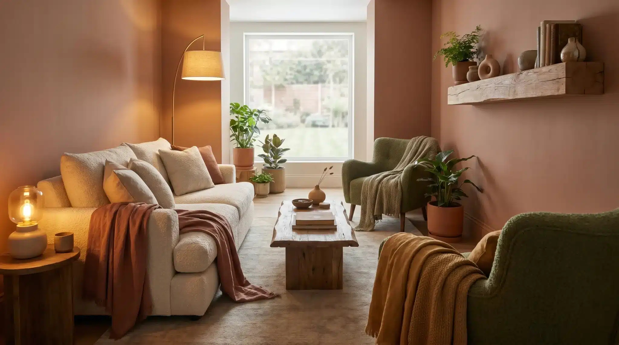 Cozy living room with beige sofa, wooden coffee table, and potted plants under warm lighting