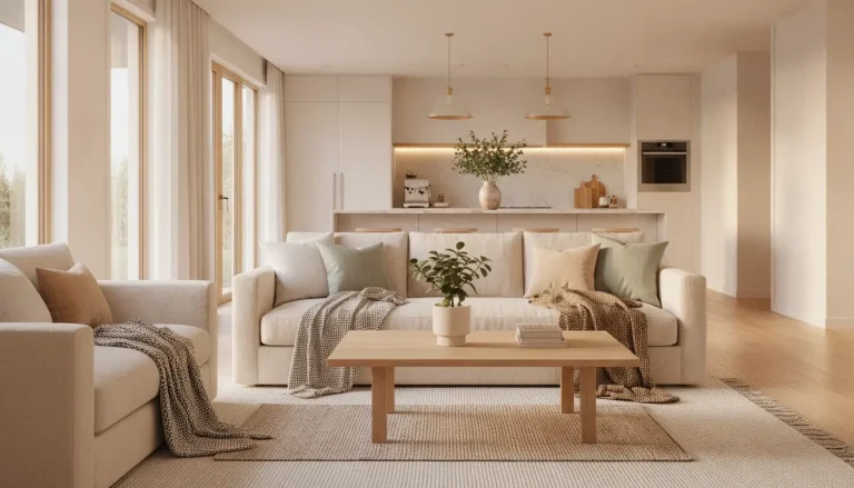 Modern living room with beige sofas, wooden coffee table, and kitchen in background under warm lighting