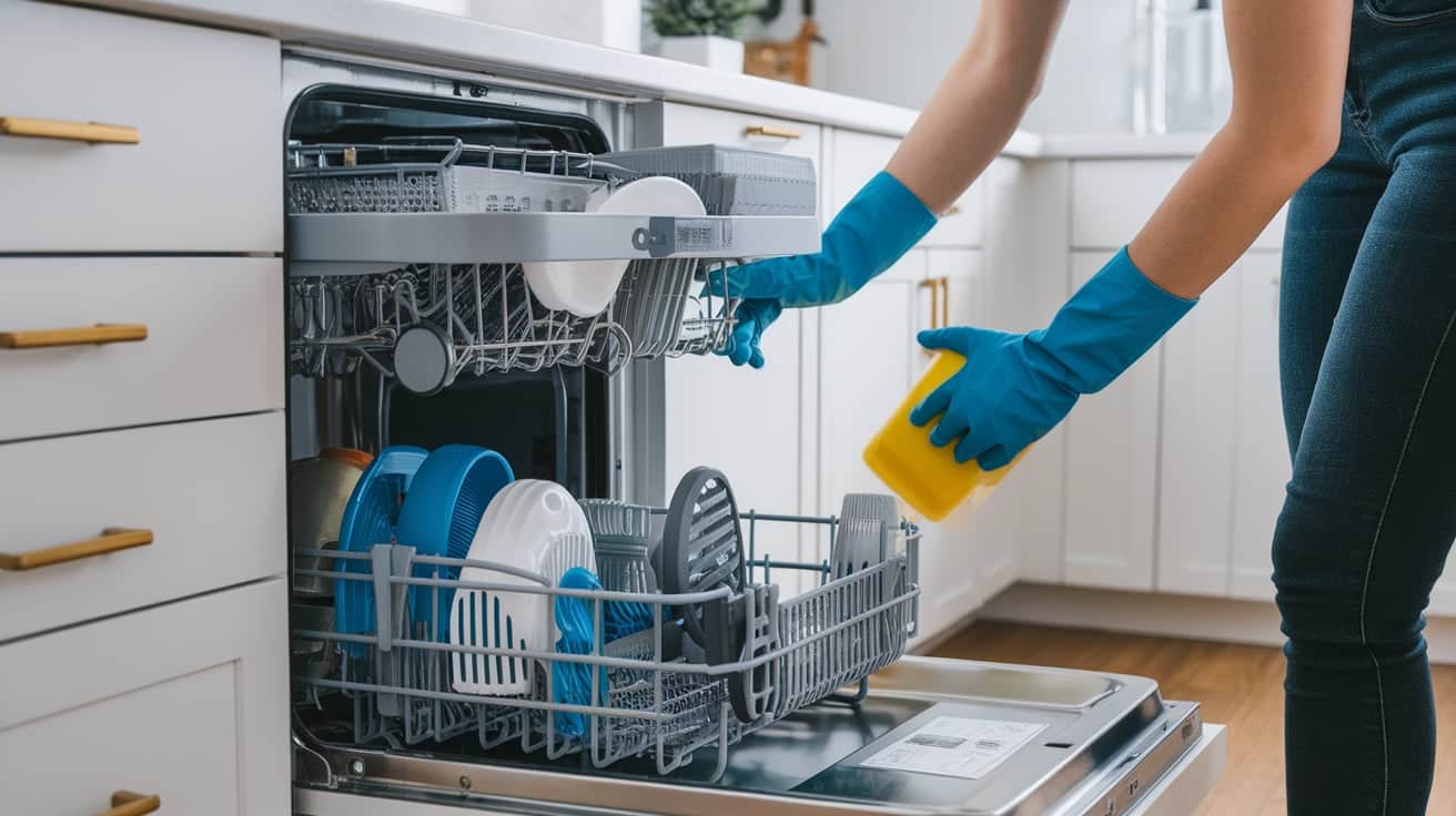 A person wearing blue rubber gloves cleaning the inside of an open dishwasher.