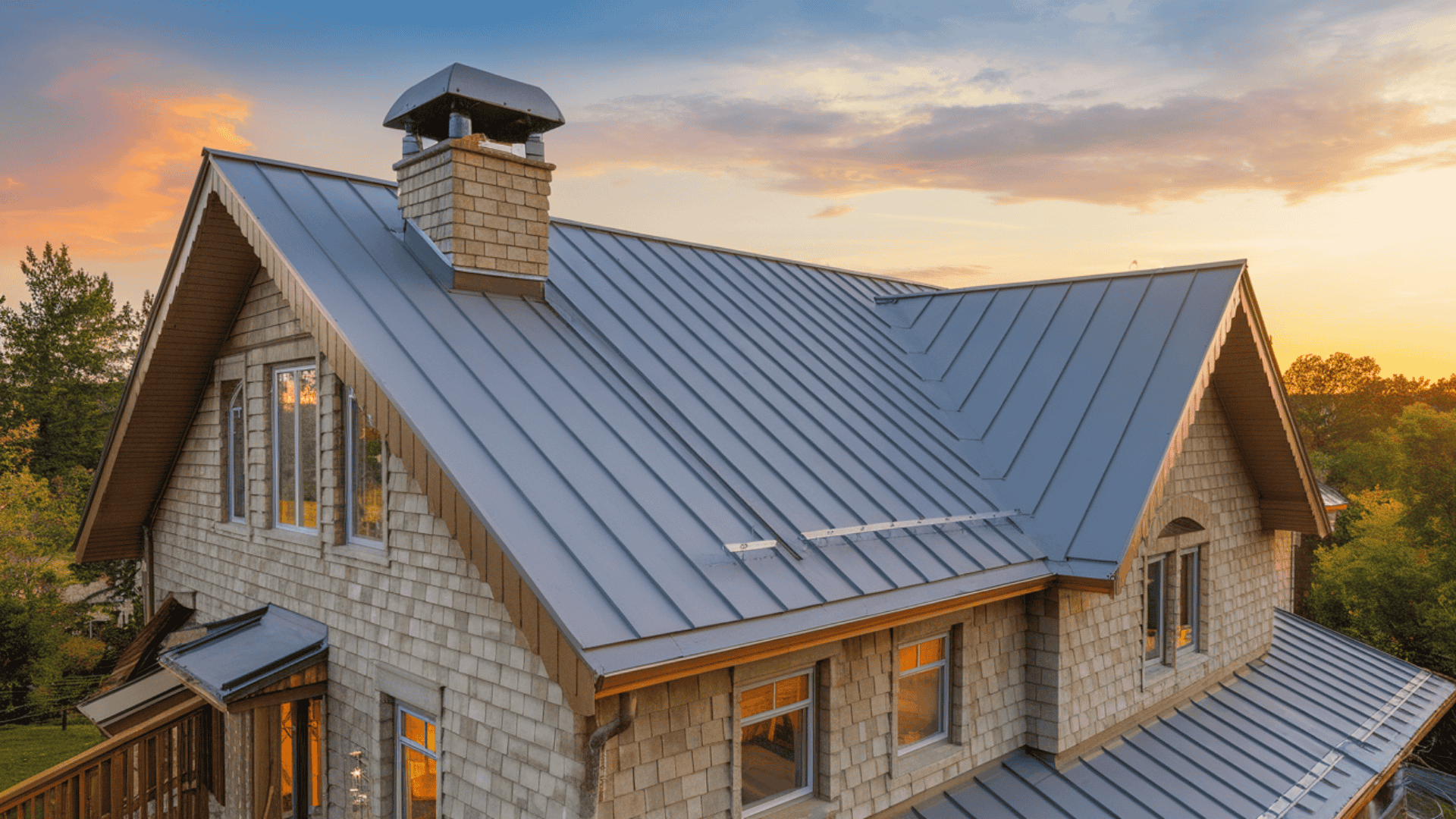 A close-up shot of a modern house showcasing a gray standing seam metal roof and a stone chimney under a warm sunset sky.