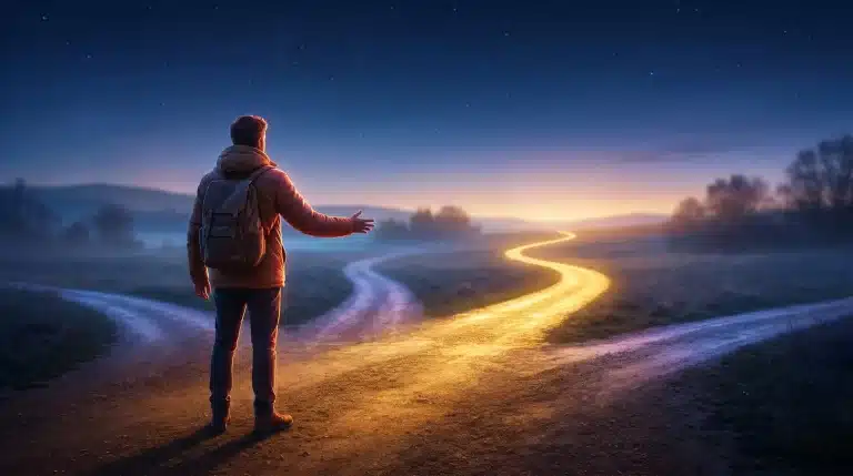 Man with a backpack standing at a crossroads under starry sky at twilight