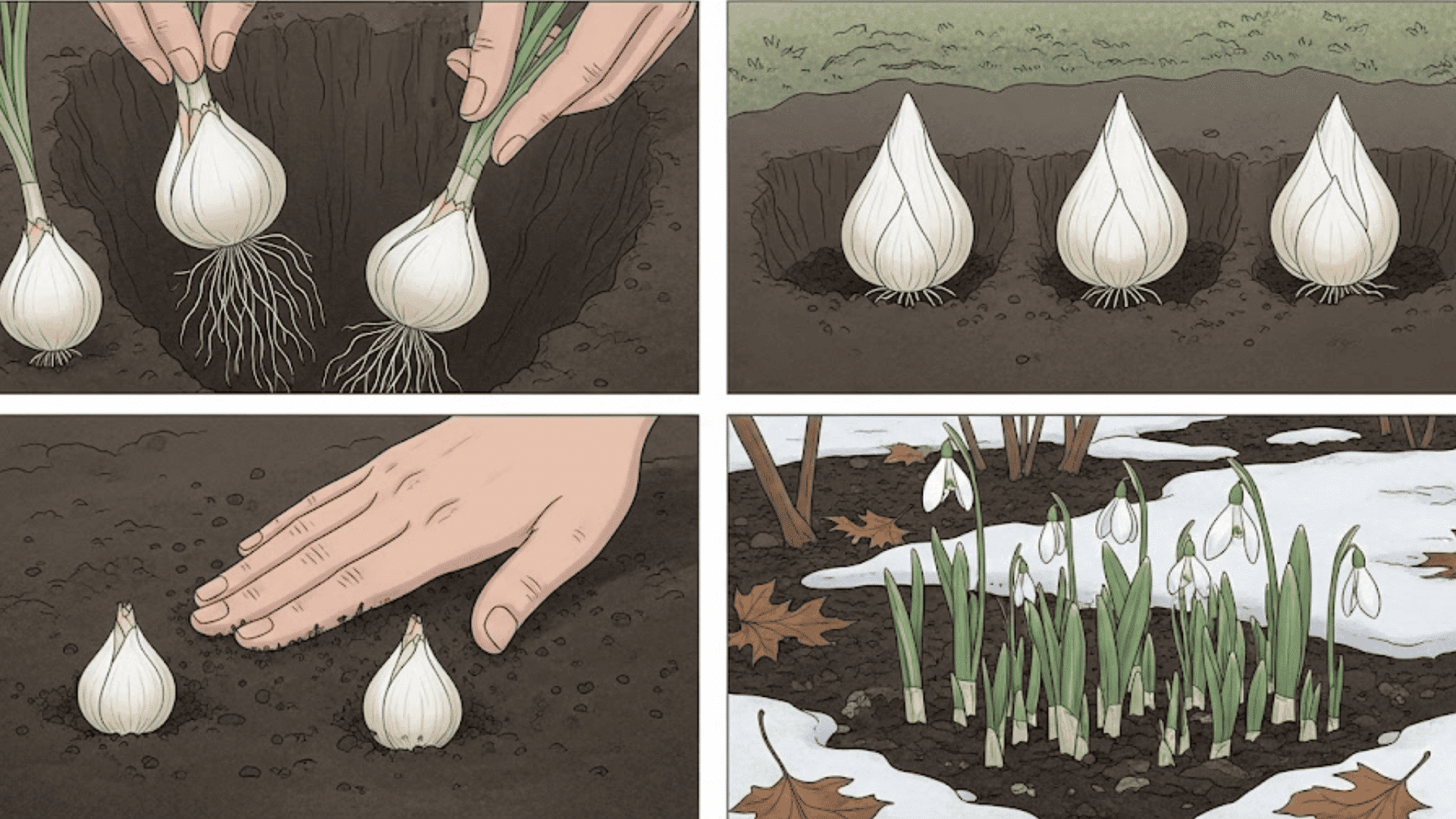 Four panels showing how to plant snowdrop bulbs: holding healthy bulbs, burying them, covering with soil, and blooming.