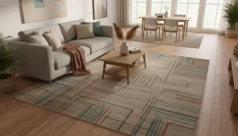 Gray sofa with cushions and knitted throw in modern living room featuring wooden coffee table