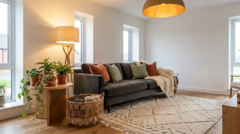 Cozy living room with gray sofa, colorful cushions, wooden floor, and indoor plants near window