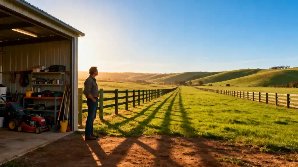 Man standing outside metal barn overlooking grassy fields at sunset with rolling hills in background