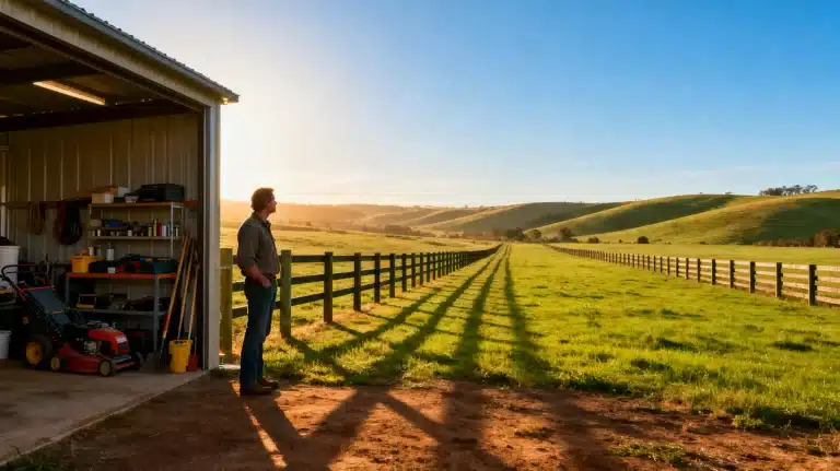 Man standing outside metal barn overlooking grassy fields at sunset with rolling hills in background