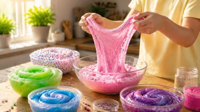 Child stretching glossy pink slime in a cozy home kitchen surrounded by colorful slime bowls creating a bright DIY slime making scene.