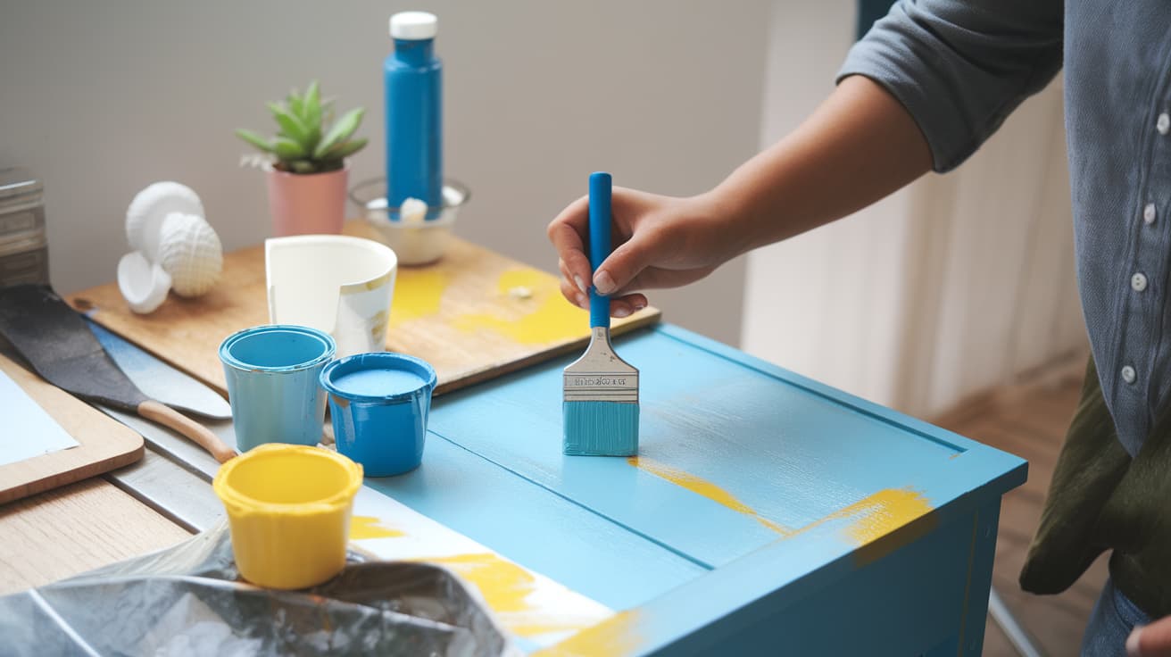 A person's hand painting a light blue piece of wooden furniture yellow on a workspace with paint cups.