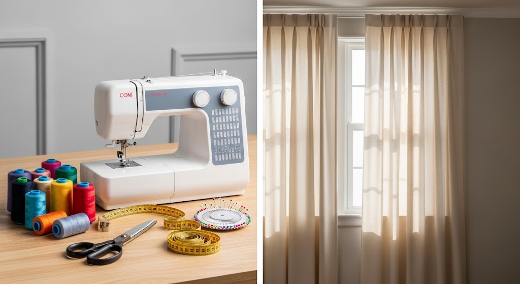 Two panels showing a white sewing machine with colorful thread spools, and elegant sheer curtains hanging over a window.