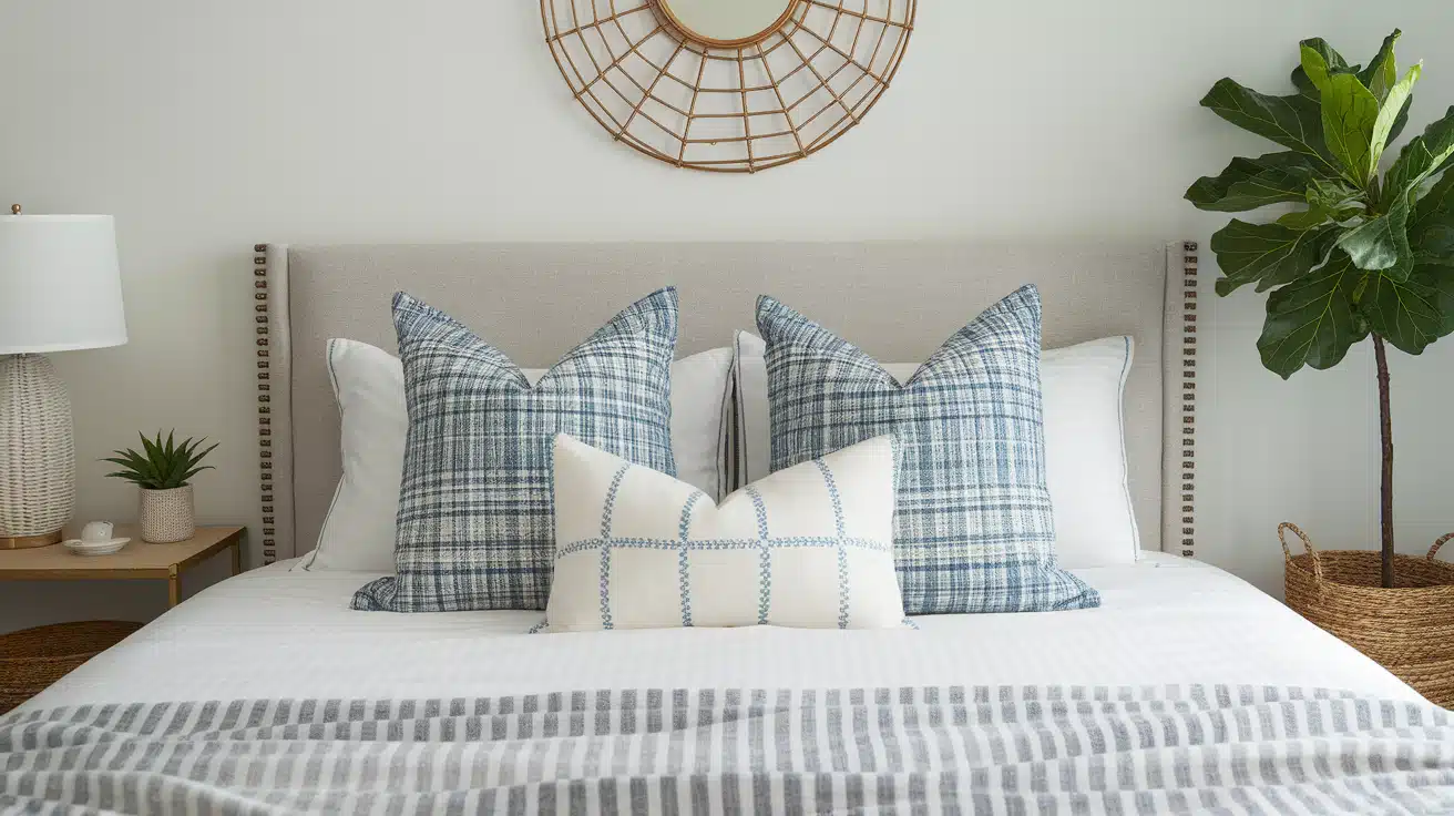 : A modern bedroom setup showcasing a beautifully styled bed with coordinating blue and white accent pillows.