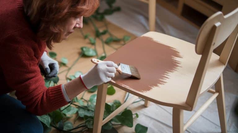 A person wearing protective gloves uses a paintbrush to apply brown stain or paint to a light-colored wooden chair.