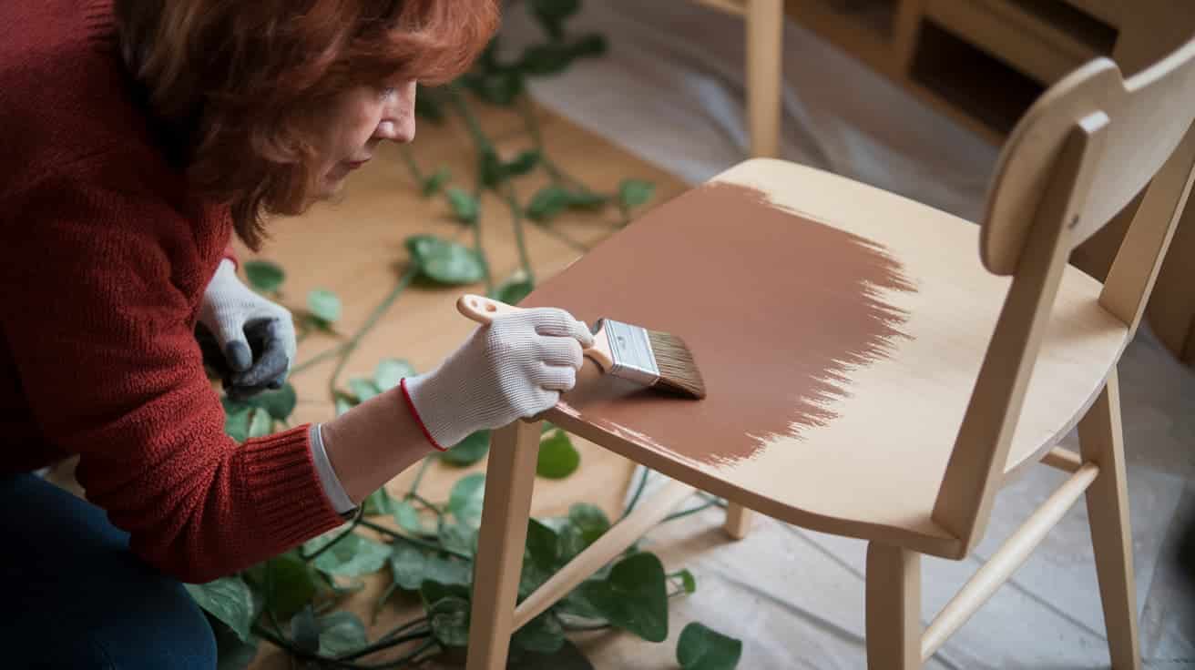 A person wearing protective gloves uses a paintbrush to apply brown stain or paint to a light-colored wooden chair.