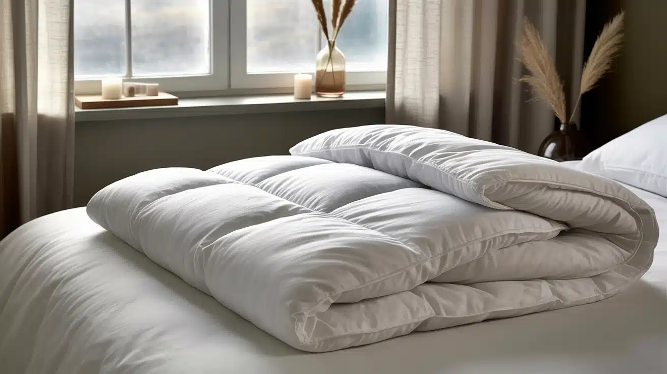 A fluffy white duvet insert neatly folded on a bed in front of a bright window with lit candles.