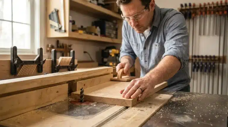 DIY woodworker safely using a router table with push blocks in a clean garage workshop.