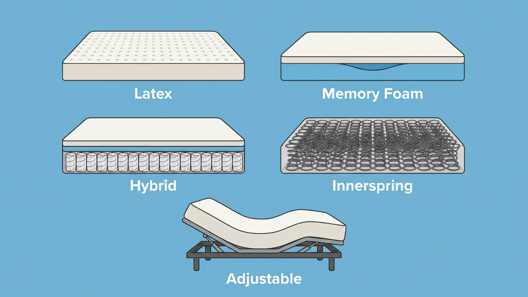 Illustration of five mattress types on a blue background, including latex, memory foam, hybrid, innerspring, and an adjustable mattress.