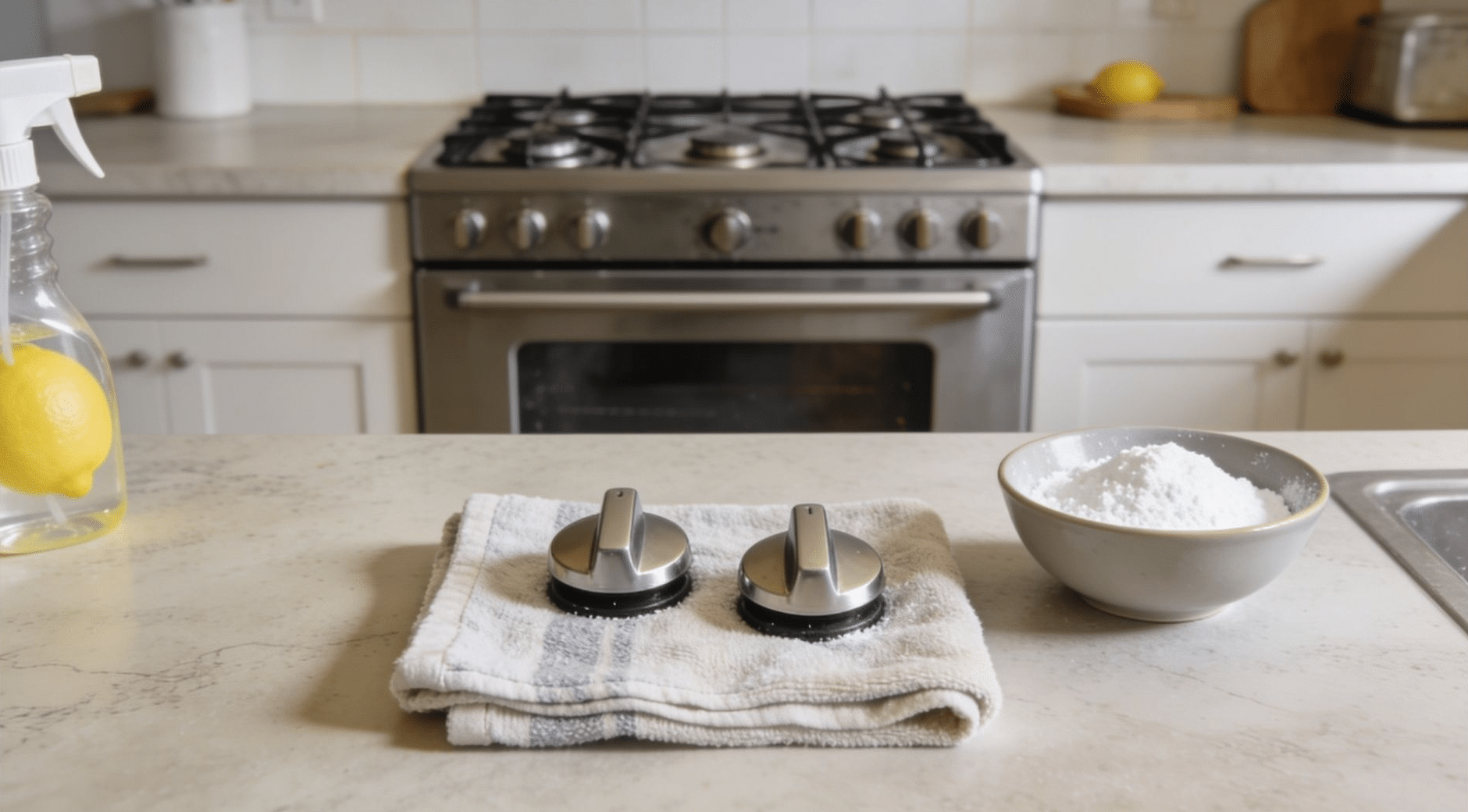 Oven door open with baking soda paste applied inside and cast iron grates soaking in the sink during kitchen deep cleaning