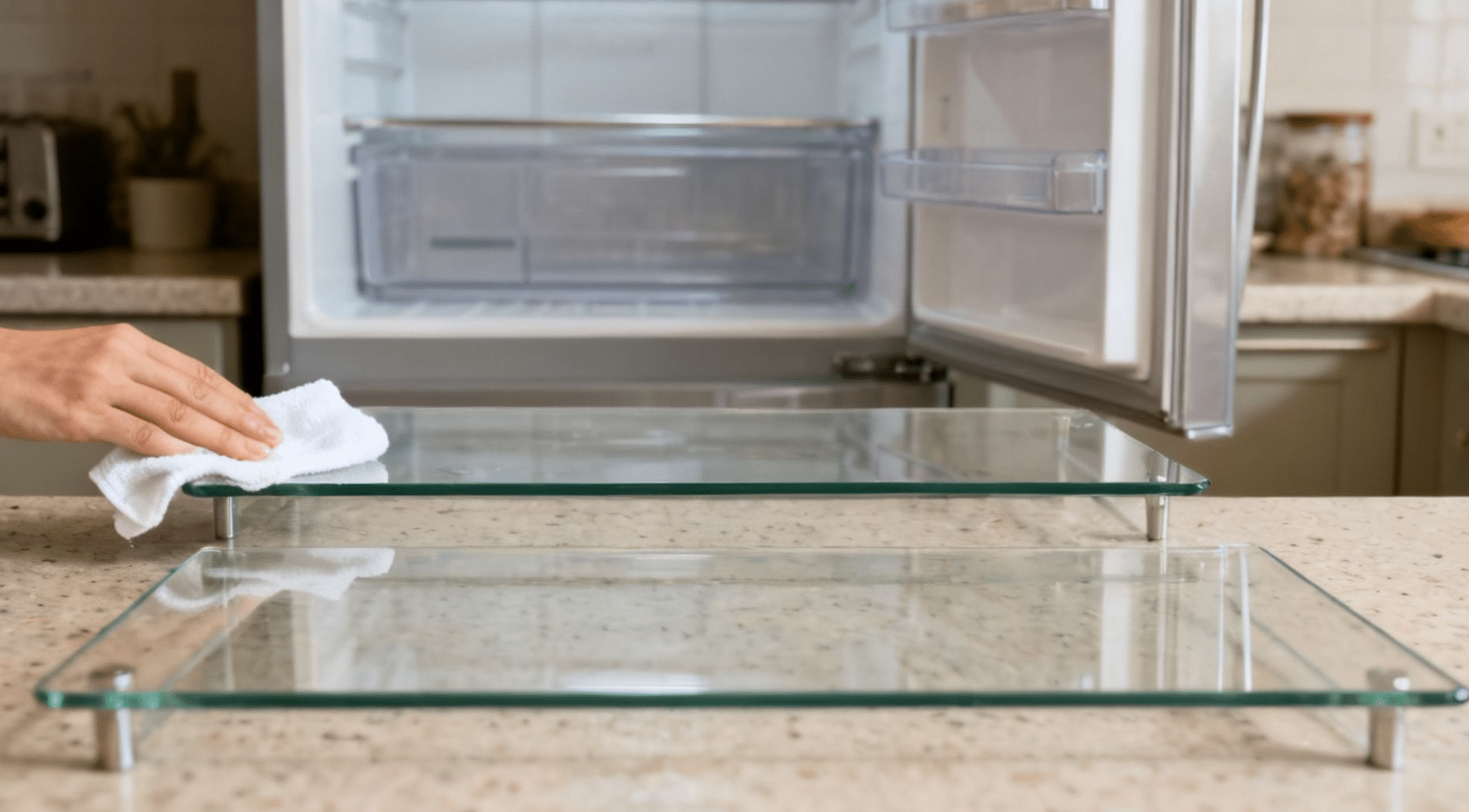 Refrigerator door open with glass shelves removed and food items grouped on the counter for a full kitchen deep clean