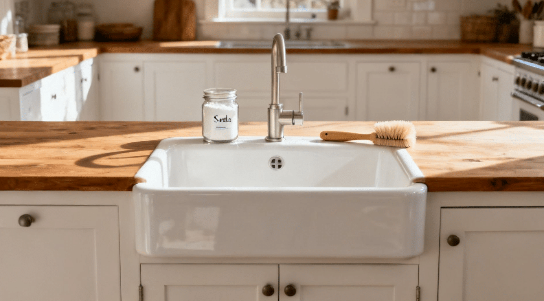 White farmhouse sink with baking soda sprinkled inside and a scrub brush on the rim during kitchen deep cleaning
